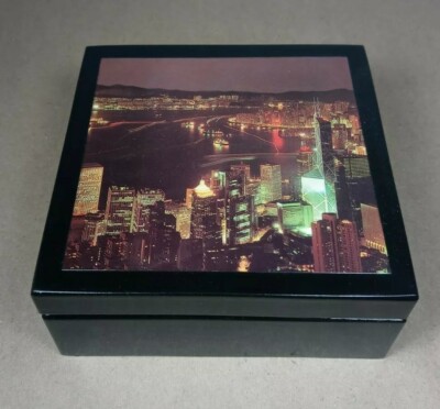 Vintage Coasters Set of 6 Hong Kong City Coaster Black Lacquered Hinge Wood Box