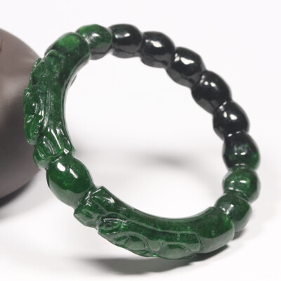 56mm Natural Black Green Jadeite Jade Bangle Bracelet Dragons Loong 13739