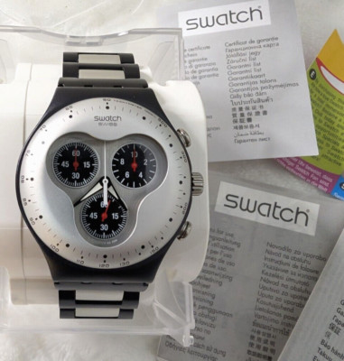 RARE SWATCH WATCH IRONY SCUBA 200 CHRONOGRAPH METAL SILVER & BLACK - NEW BATTERY