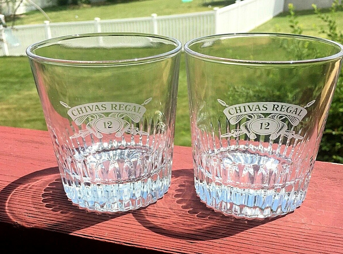Chivas Regal Scotch Whisky Rocks Glass by Von Pok of Italy, 3 1/2" Tall Set of 2