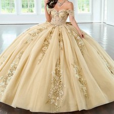 Champagne Quinceanera Dresses Shiny Lace Sequins Appliques Ball Gowns Sweet 16