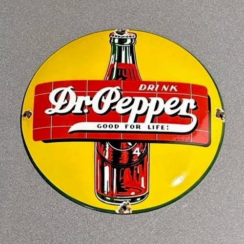 VINTAGE 12” 1939 DOMED DR PEPPER SODA PORCELAIN SIGN CAR GAS OIL TRUCK  AUTO
