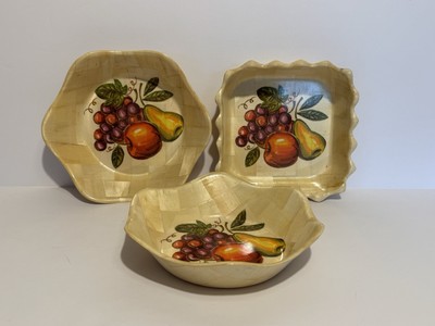 3 Vtg. Bamboo Fruit Design Serving Bowls 6'' x 6'' - 1.5'' Depth