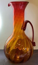 Blenko 7033 Joel Myers Tangerine Pitcher, 15 1/2”, Optic Swirl! Vintage! LARGE!