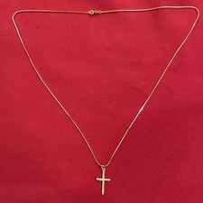 14k Yellow Gold Italy Textured Religious Cross Pendant Box Chain 24  Necklace