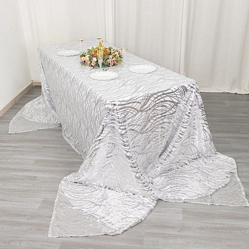 90x156 in SILVER Wavy Sequined Mesh Rectangle TABLECLOTH Party Events - Image 4 of 4