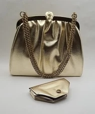 Vtg Metallic Gold Clutch Purse With Chain Or Handheld Metal Leaf Closure  8x6.5"
