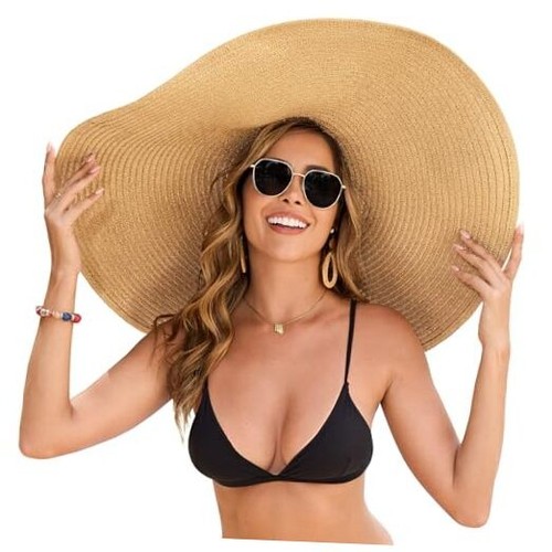 Oversized Beach Hat for Women Wide Brim Straw Sun Hat UPF 50+ UV Khaki