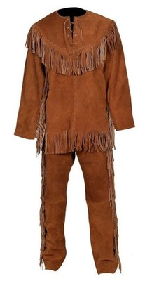 Men Native American Western Mountain Style Suede Leather Fringe Shirt & Trouser