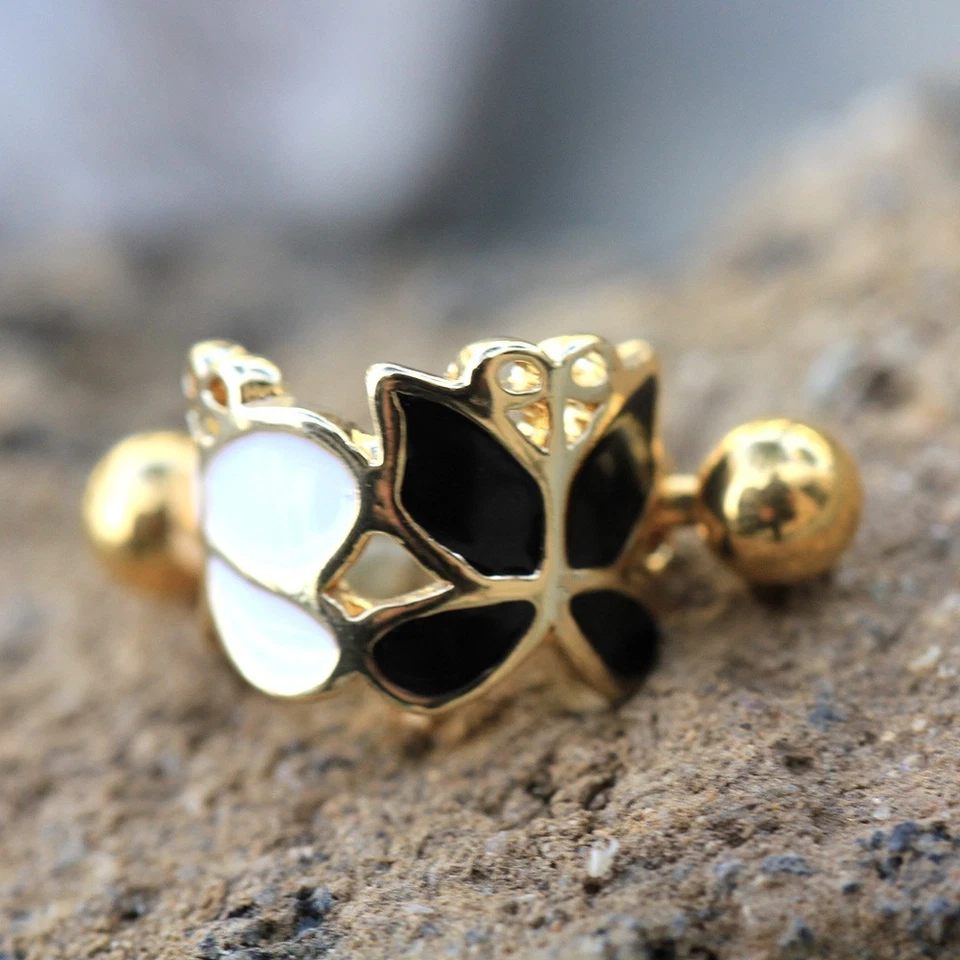 Gold Plated Black and White Butterfly Cartilage Ear Cuff - Image 2 of 4