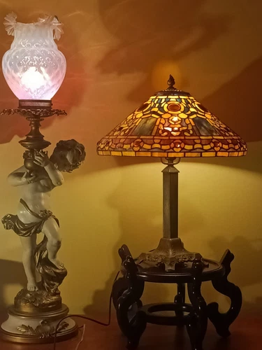 Stained Glass Lamp &  Shade Tiffany Studio Reproduction &  Antique Base