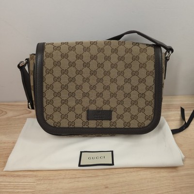 Gucci GG Canvas Leather Messenger Crossbody Flap Bag Brown 449172 Authentic