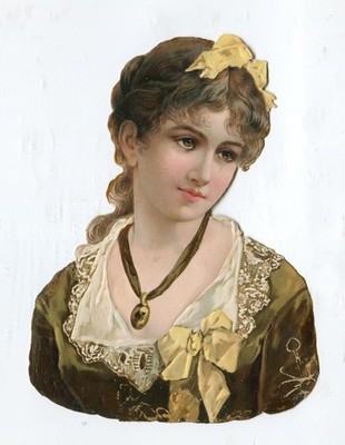 Glanzbild Oblaten scraps Dame  Schleife im Haar  feine Kleidung Kette  14,5 cm