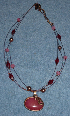 Signed NY & Co 3 Wire Bead Necklace Real Pink Stone Cabochon Pendant Rhodonite?