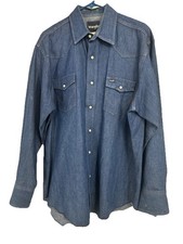Vintage Wrangler Blue Denim Pearl Snap Cowboy Shirt Size 17.5x35 USA Western