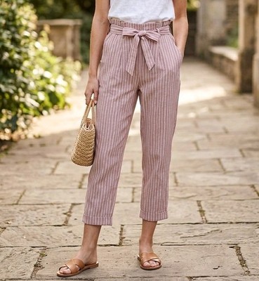 Sienna Sky High-Waist Striped Paperbag Pants - Mauve & White - Size Small
