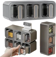 Spice Rack Wall Mount Adhesive with Jars and Spoons, 3 Grid Spices Organization