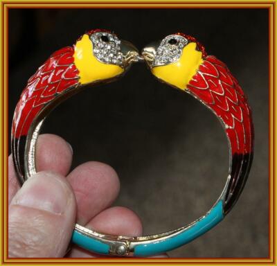 PARROT BANGLE BRACELET Hinged Closure Crystal & Enamel NEW Off