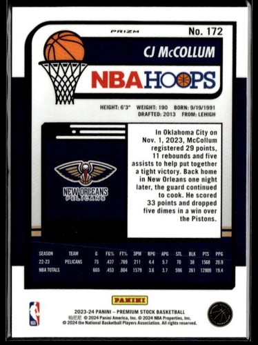 L9,936 - 2023-24 Hoops Premium Stock Purple Ice Prizm #172 CJ McCollum /149 - Picture 2 of 2