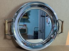 MCM Taco Made in USA Metal-Chrome 13 3/8โ Round Serving Tray w/ Wood Handles