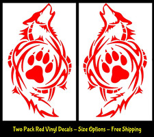 Tribal Wolf Howling Paw Print Two PK Red Vinyl Decal Car Window Tumbler Laptop