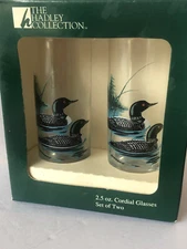 NEW The Hadley Collection Set of 2 Cordial Glasses 2.5 oz. Loons Ducks #F8