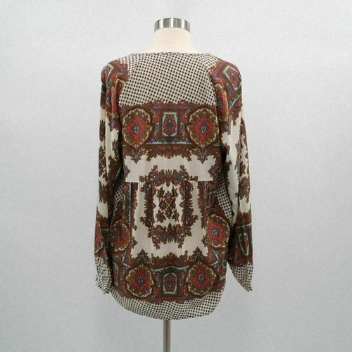 Umgee Top Tunic Blouse Womens S Small Boho Lace Pattern Scarf Print Brown White - Picture 8 of 10