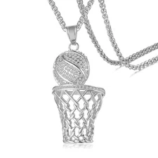 Flongo Men Stainless Steel Sport Basketball Hoop Pendant Chain Necklace Hip Hop