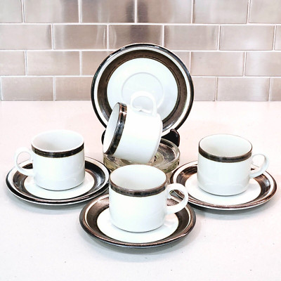 Arabia Finland Karelia Cup & Saucer Cream Brown Black Bands Stoneware (Lot of 4)