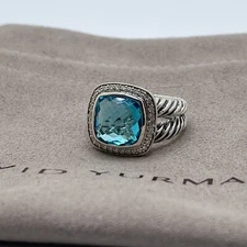 David Yurman Sterling Silver Albion Ring 11mm Blue Topaz and Diamonds Size 6
