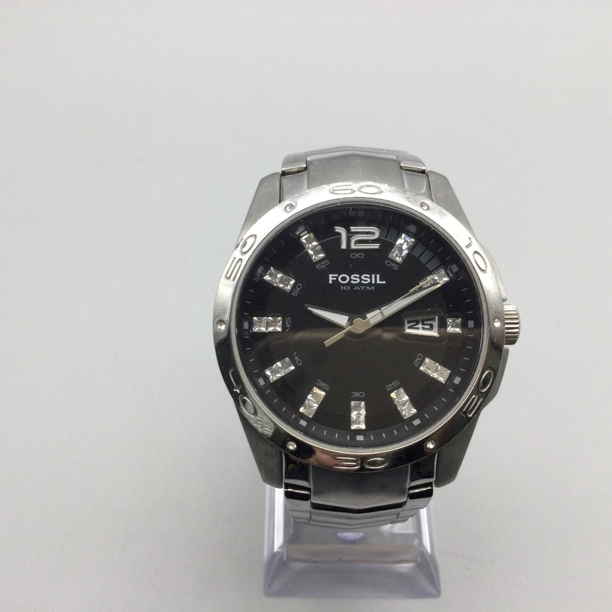 Fossil Watch Men 40mm Silver Tone Black Dial Date Stainless New 
