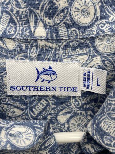 Southern Tide Mens Linen Button Up Shirt Large Blue Caps Off Sportshirt Bar Beer - Picture 3 of 12