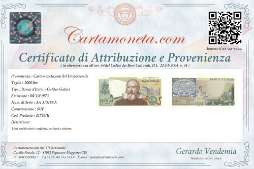 2000 LIRE GALILEO GALILEI BANCA D'ITALIA PRIMA SERIE TRIPLA A 08/10/1973 SUP - Picture 4 of 6