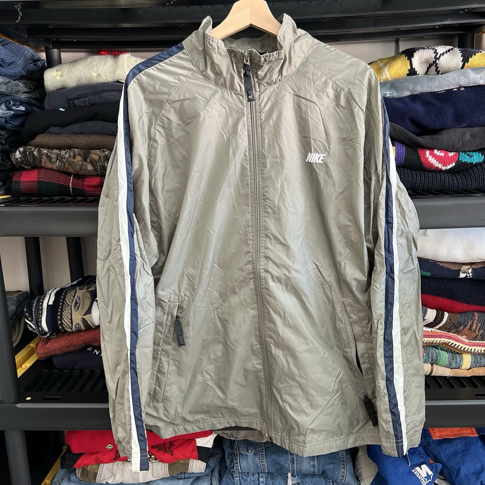 Vintage Y2k Nike Gray Full Zip Spell Out Windbreaker Jacket Mens Large Swoosh