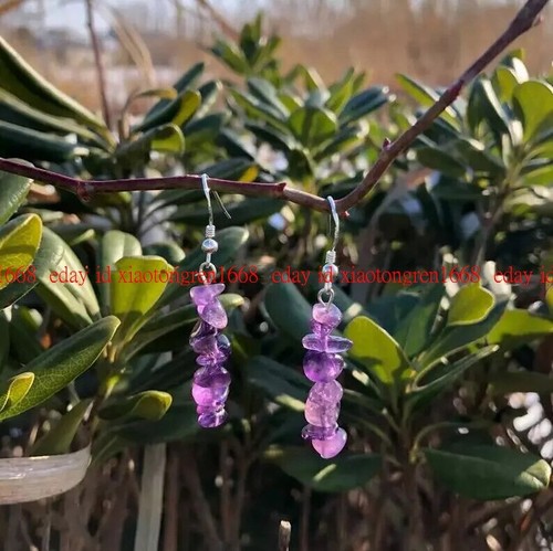 Exquisite 5-8mm Chip Gravel Purple Amethyst Gems Beads Dangle Hook Earrings - Picture 11 of 12