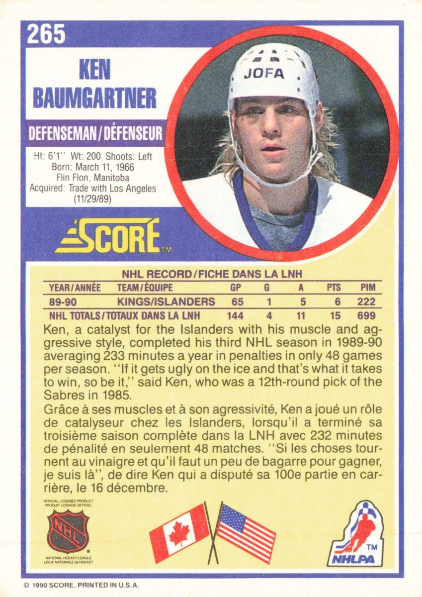 Ken Baumgartner 1990 Score bilingual #265 New York Islanders | eBay