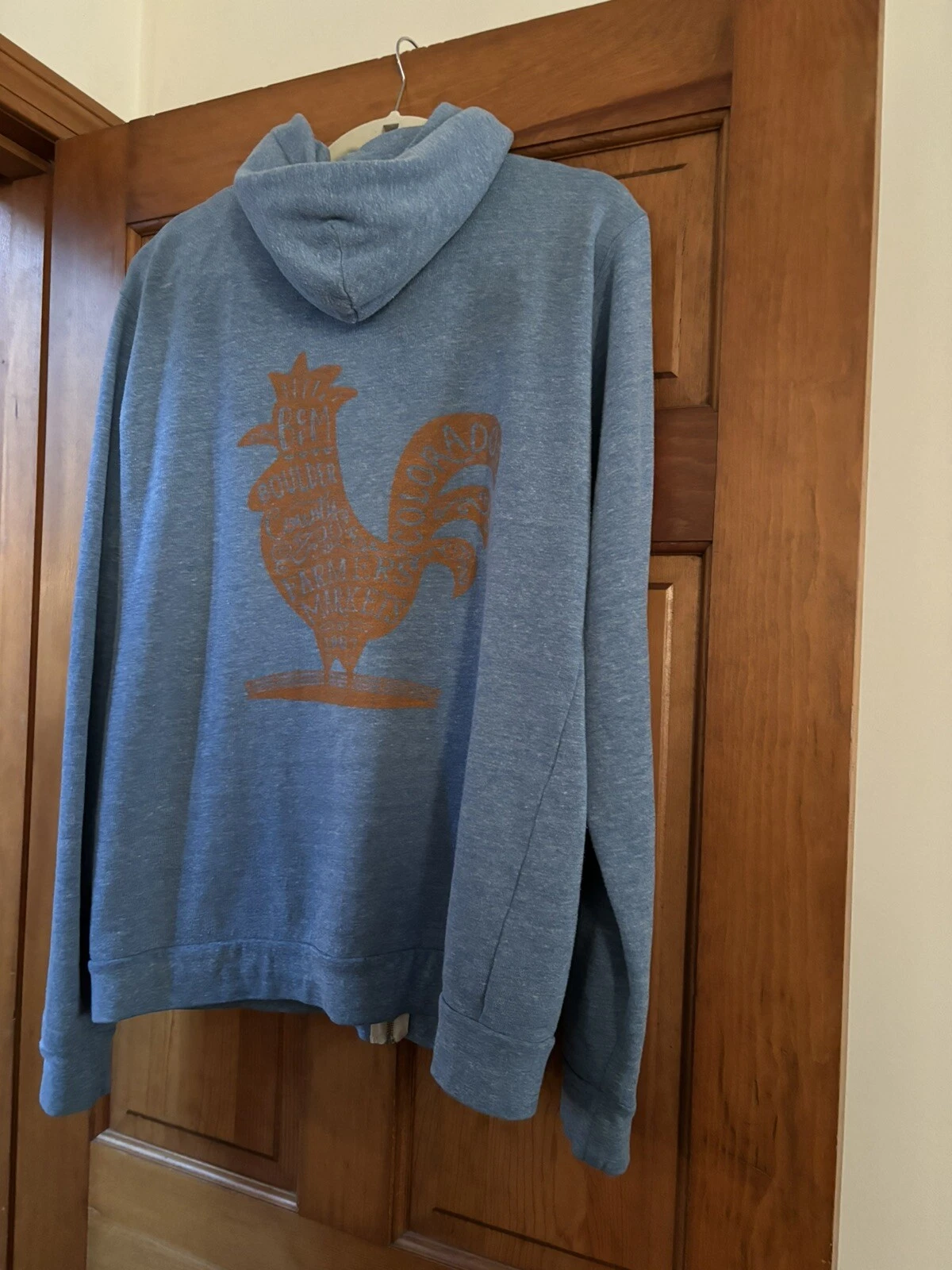 VETEMENTS Felpa con cappuccio blu Farmer's Market gallo da uomo taglia L con cerniera e tasche complete