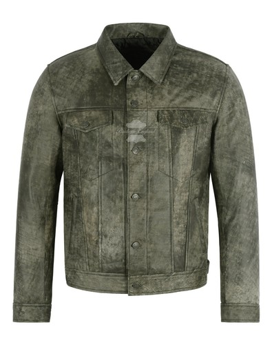 Leather TRUCKER JACKET Olive Vintage 