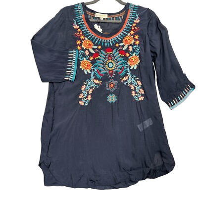 All About Her Womens Boho Tunic Top S Blue Floral Embroidered 3 Quarter Sleeve