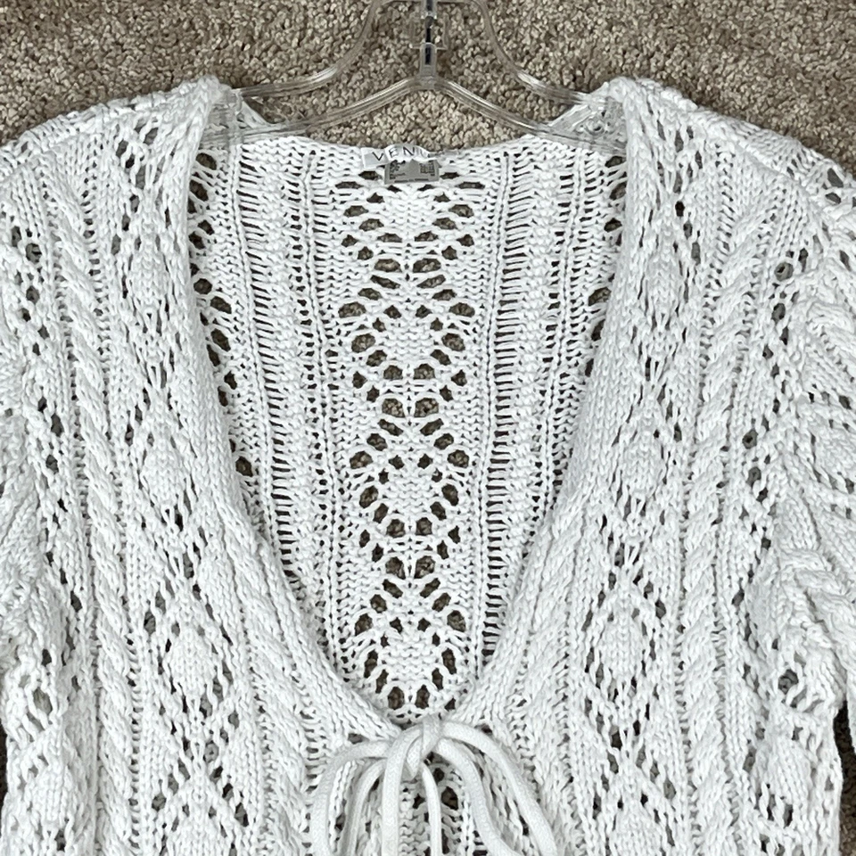 Venus Crochet Knit Long Cardigan Womens Size M White Tie Waist Cotton Sweater - Image 3 of 4