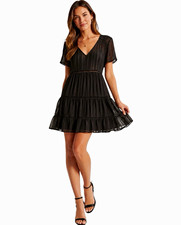 Urban Outfitters Black Sheer Striped Tiered Babydoll Mini Dress V-Neck Size S