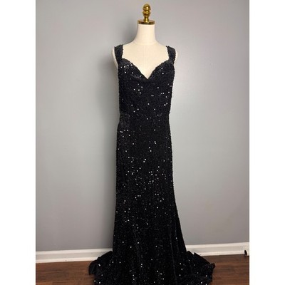 Fashion Nova Black Sequin Evening Gown Maxi Dress Train Formal  Tall 6'4 Elegant