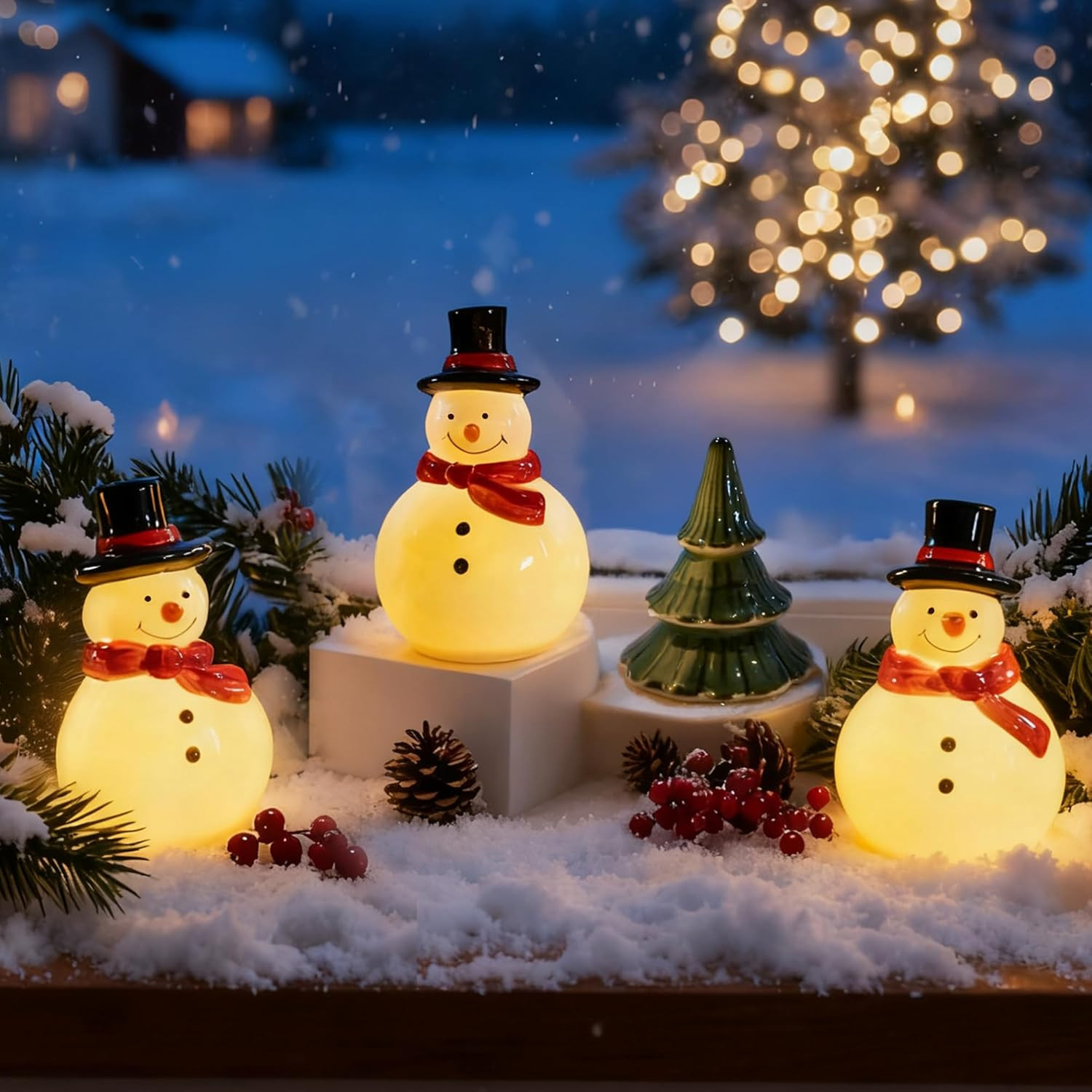 LED Lighted Snowman Figurines 3 Pack Ceramic Tabletop Indoor Winter Xmas Decor