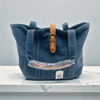 LL Bean Lake Wash Tote Bag Leather Handles & Closure Mariner Blue Nautical New