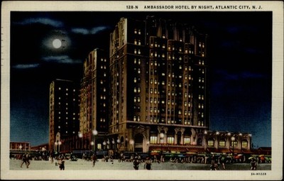 Ambassador Hotel Atlantic City NJ night vintage linen postcard 1935 e931