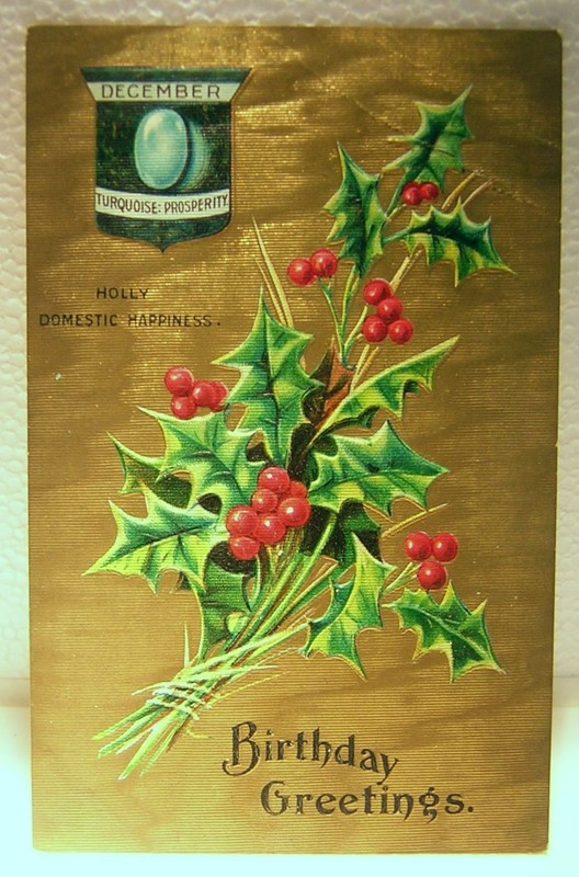 HSV Litho Co. Un-used December Birthday Greeting Card  HOLLY Domestic Happiness
