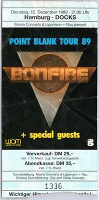 Bonfire Ticket 1989 - Point Blank Tour - Hamburg Docks - Konzert Karte Vintage