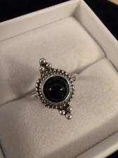 Vintage Sterling Silver Size 5 Ring Handcrafted Hammered Black Onyx Band...