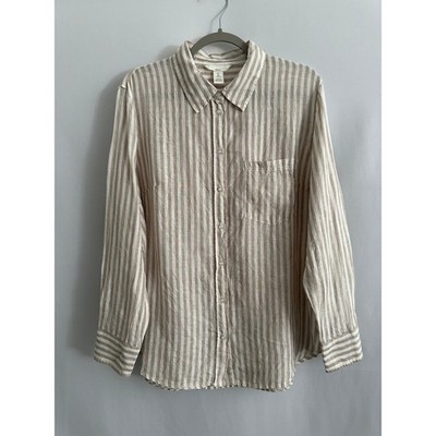 H&M 100% Linen Button Up Shirt Womens Large Beige White Striped Coastal Boho