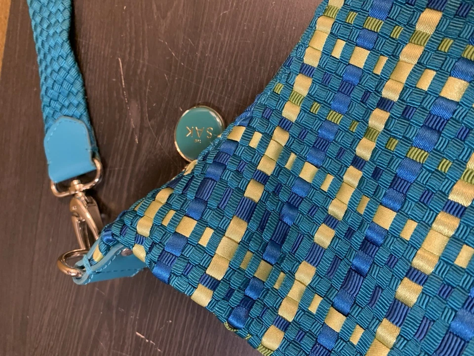 Cartera The Sak verde azulado turquesa amarillo bolso tejido de hombro cremallera fiesta boho Foto 2 de 4